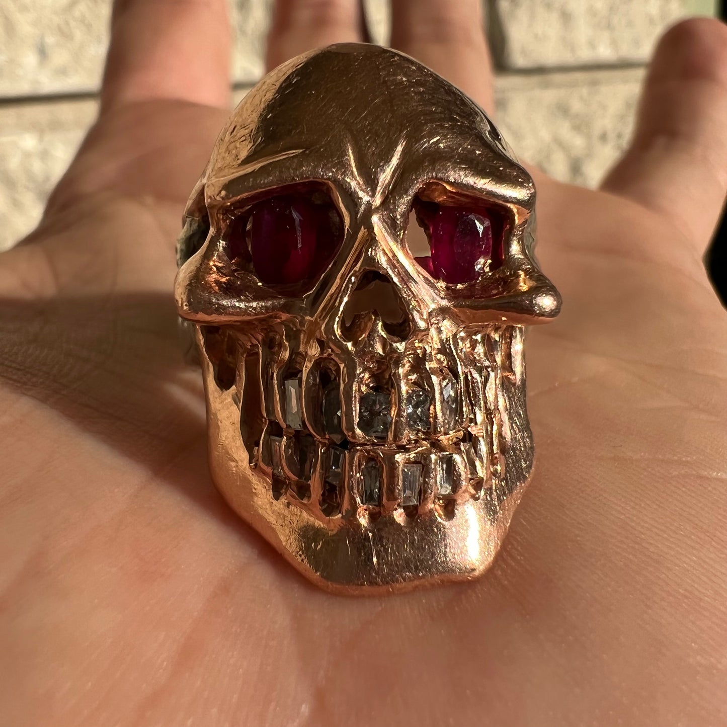 Vintage Custom 14k Rose Gold And Sterling Natural Diamond And Ruby Encrusted Skull Ring (10)