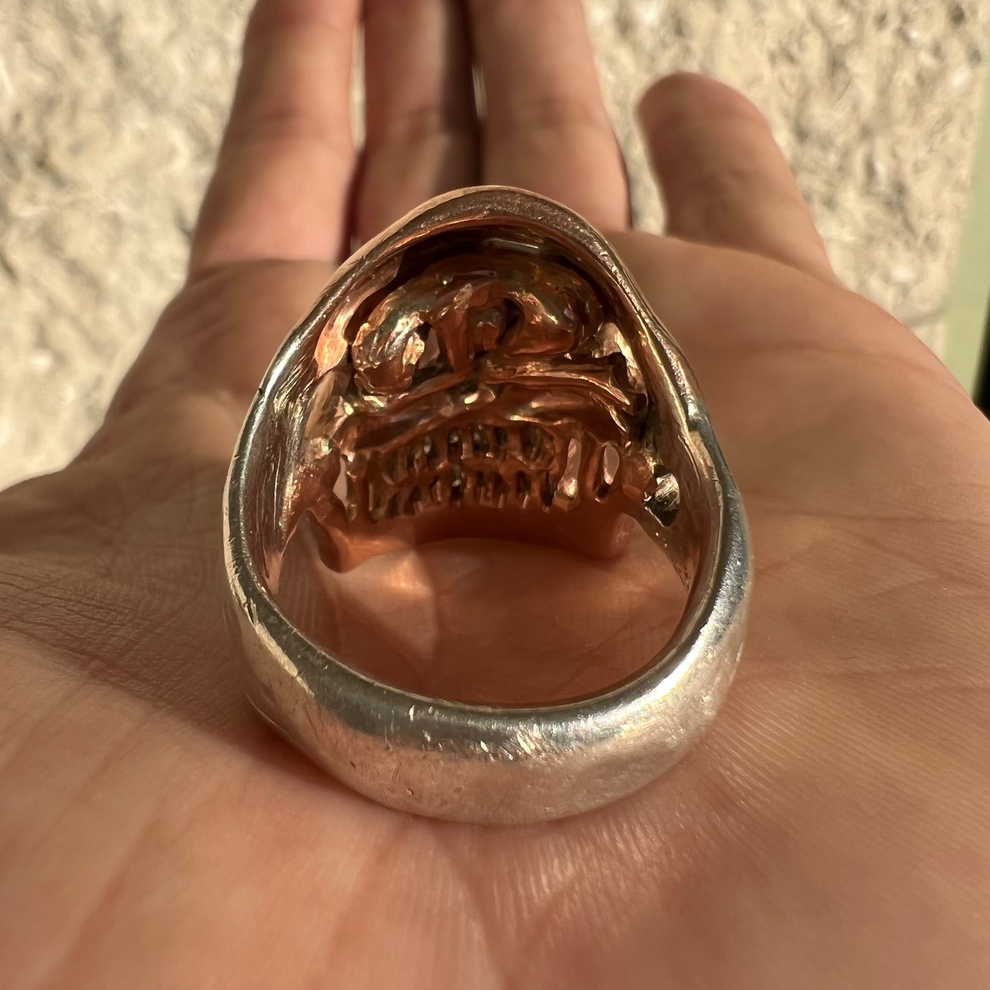 Vintage Custom 14k Rose Gold And Sterling Natural Diamond And Ruby Encrusted Skull Ring (10)