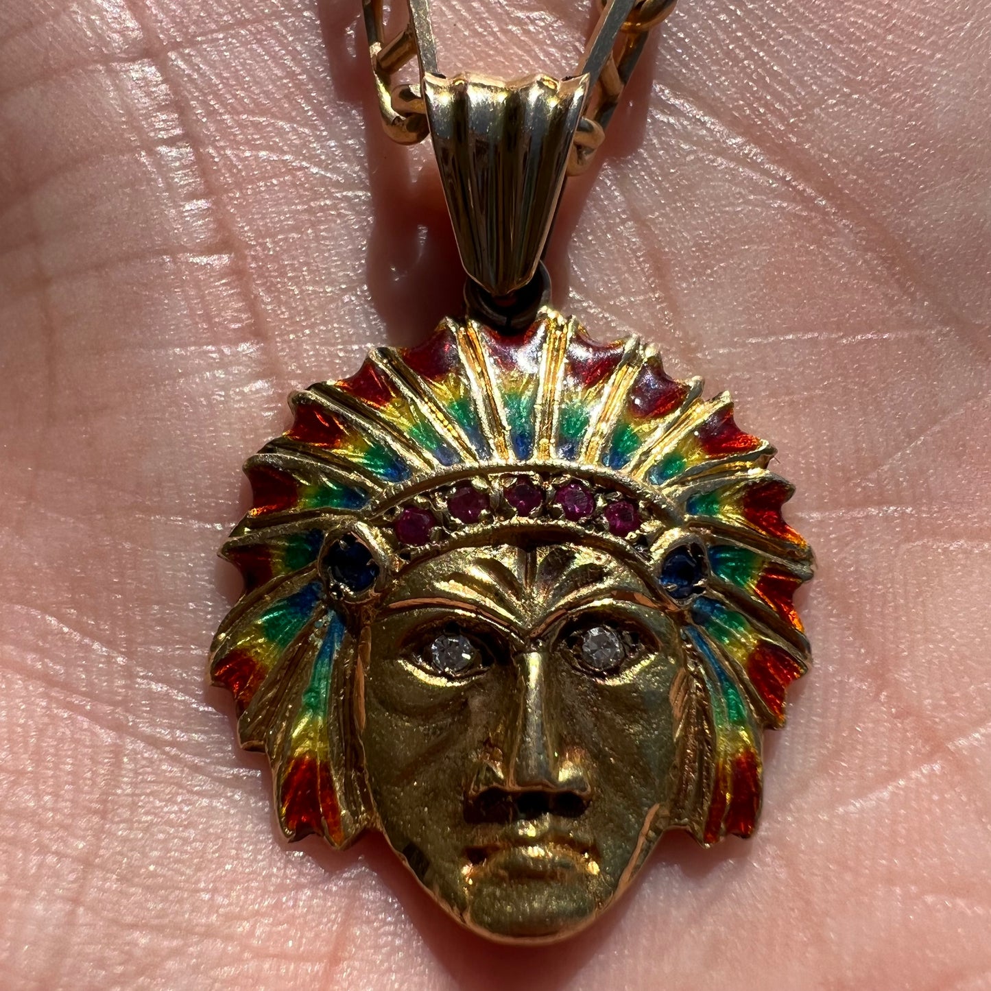 Pre-1950’s Solid 18k Yellow Gold Fire Enameled Chief Pendant