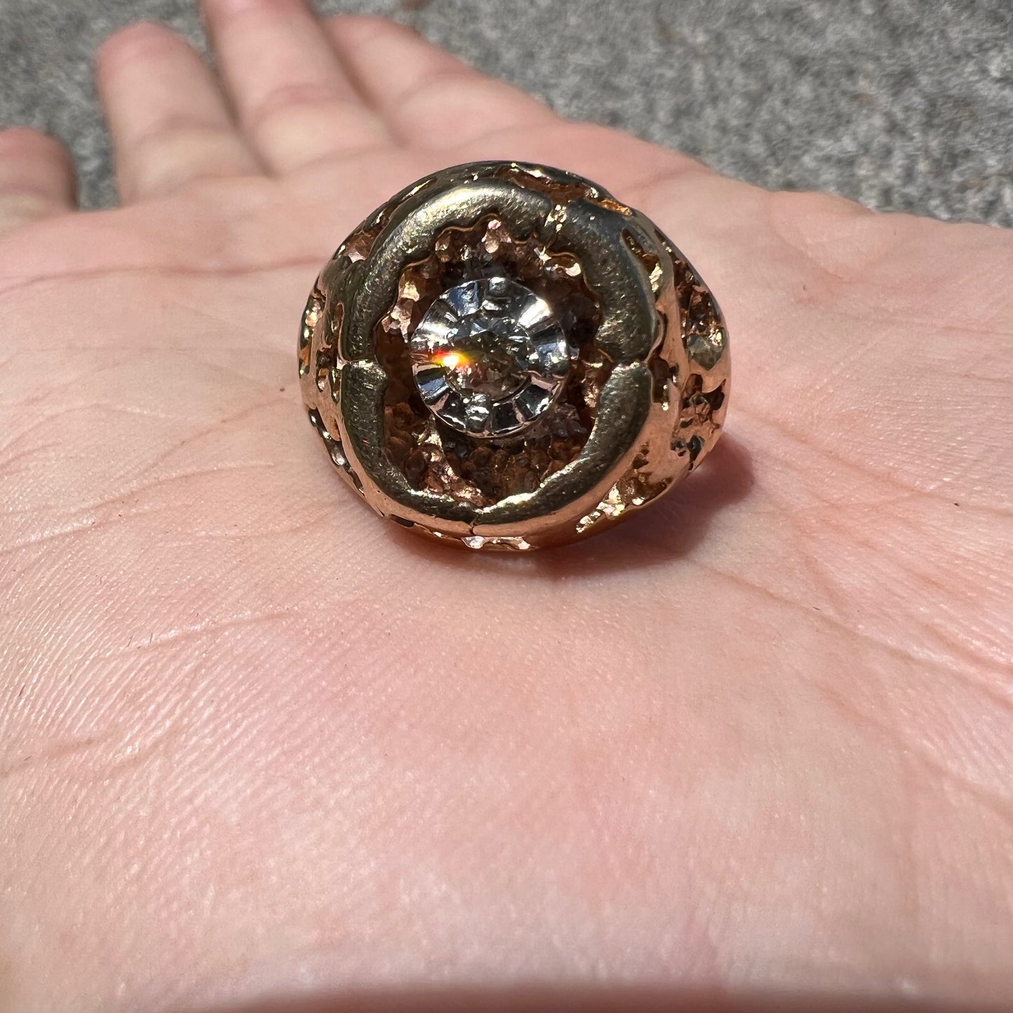 Mid-Century 14k Honeycomb Nugget Diamond Solitaire Ring (8.75)