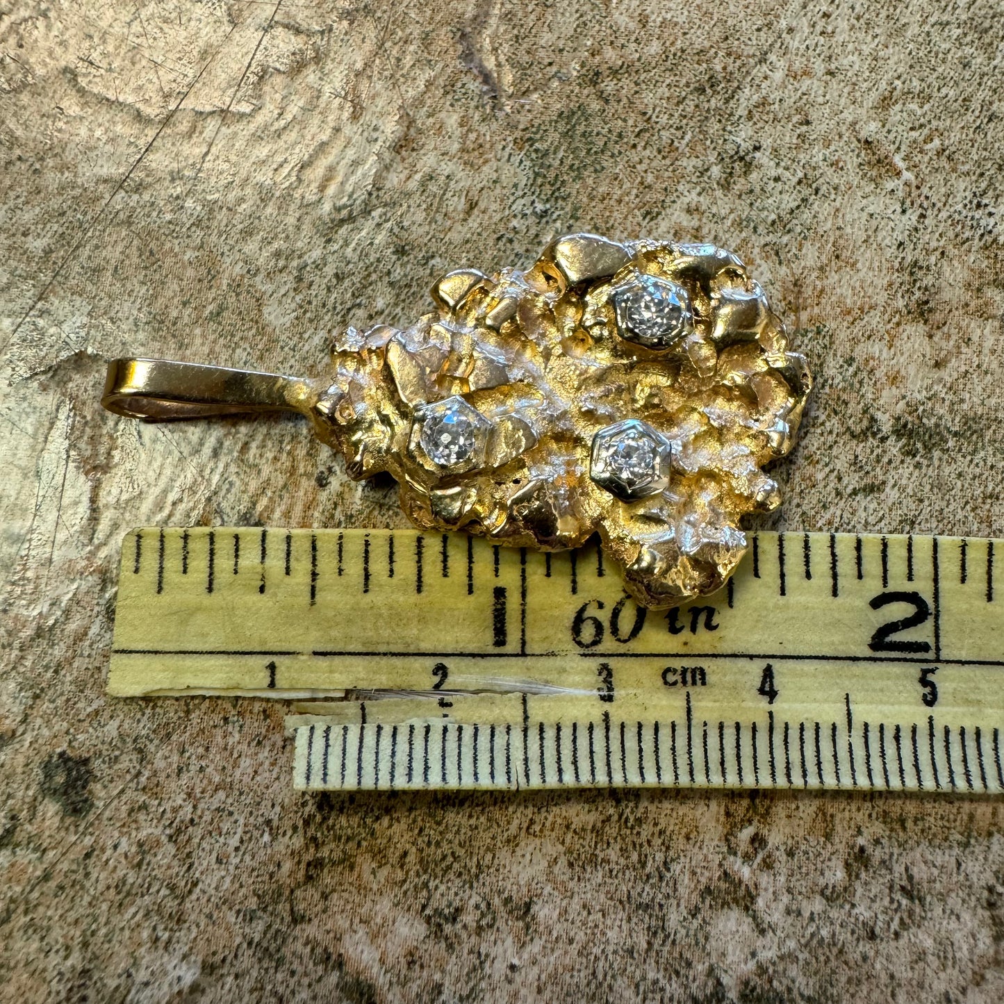 Vintage Custom Solid 14k Yellow Gold Natural Old Euro Cut Diamond Encrusted Nugget Pendant