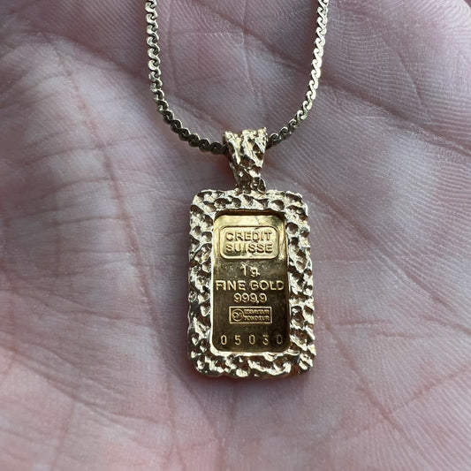 1980’s Pure .999 24k Gold (1g) Credit Suisse Bar Nugget Pendant