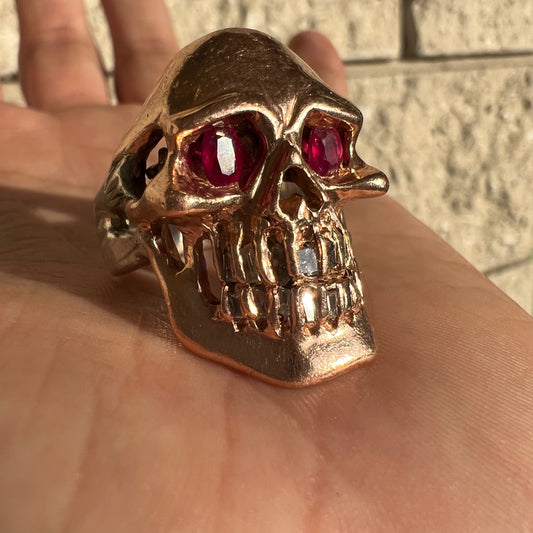Vintage Custom 14k Rose Gold And Sterling Natural Diamond And Ruby Encrusted Skull Ring (10)