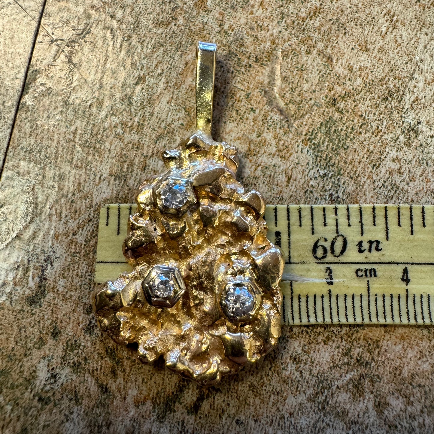Vintage Custom Solid 14k Yellow Gold Natural Old Euro Cut Diamond Encrusted Nugget Pendant