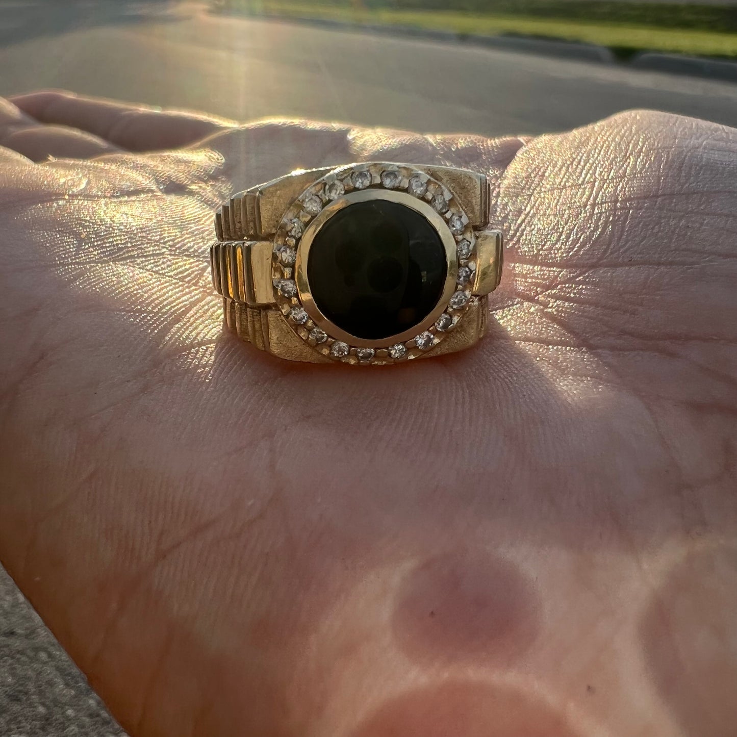 1980’s 14k Black Onyx Natural Diamond Halo Rolex Style Ring (9)