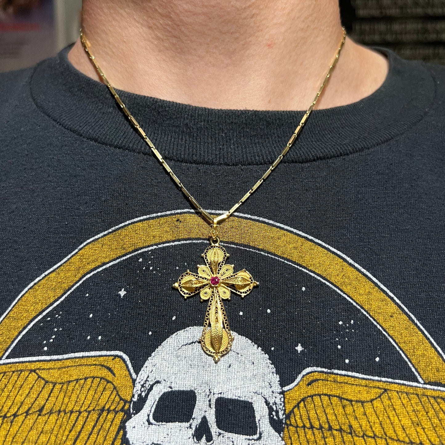 Antique 18k/Ruby Cannatille Cross Pendant