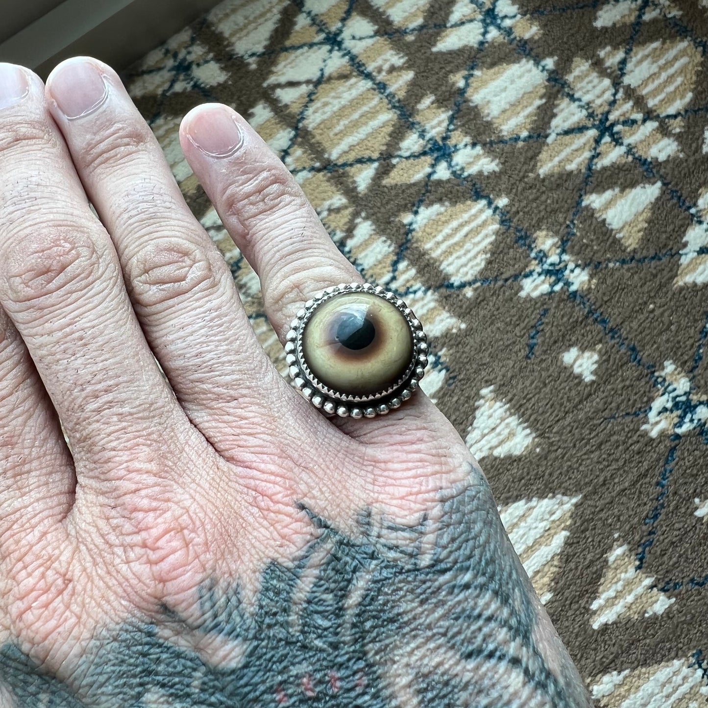 Mid-Century Sterling/.925 Southwestern Handmade Prosthetic Glass Eye Ring