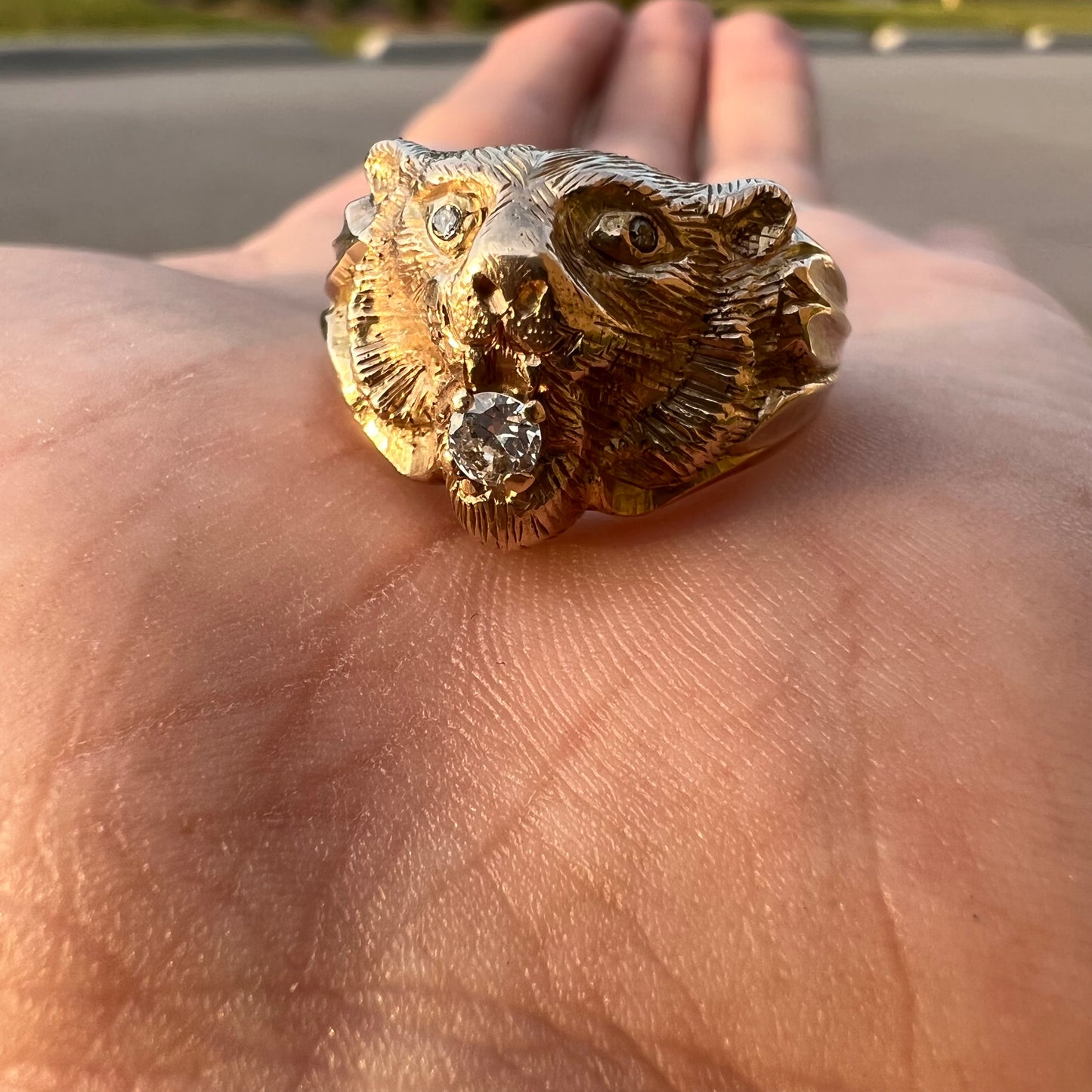 Vintage 14k Diamond Encrusted Tiger Ring