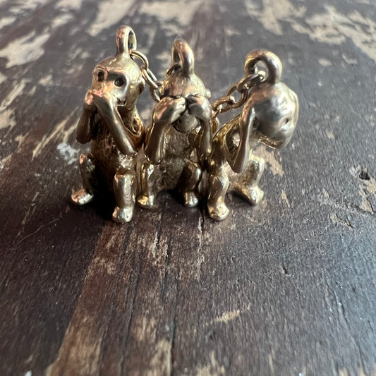 Mid-Century Solid 14k Speak No Evil,See No Evil,Hear No Evil Monkey Pendant
