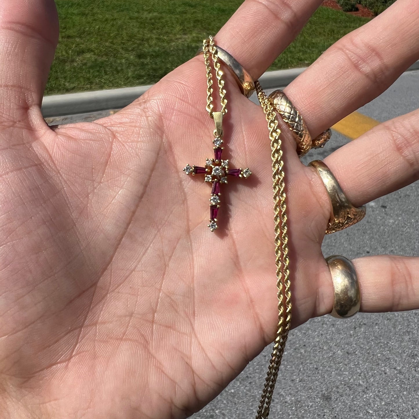 Vintage 18k Natural Diamond And Ruby Encrusted Cross Pendant