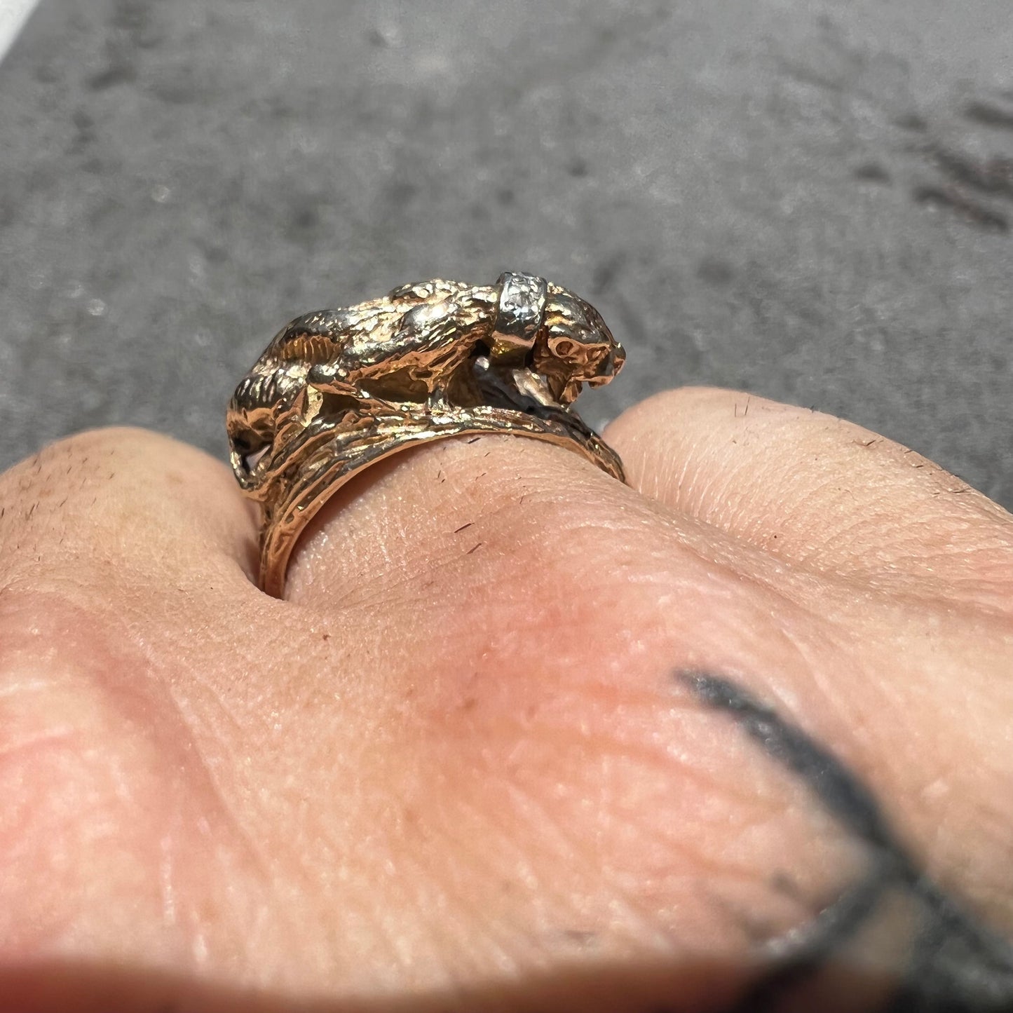Vintage Custom 14k Stalking Panther Black Star Sapphire/Natural Diamond Ring