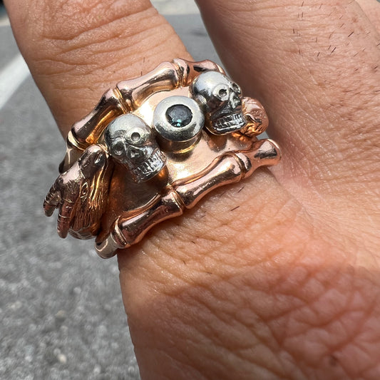 CUSTOM 1 OF 1 10K TWO-TONE (ROSE/WHITE GOLD) EMERALD SKULL AND DRAGON HEAVYWEIGHT COMFORT FIT RING