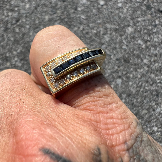 Vintage 14k Modernist Style Natural Blue Sapphire And Diamond Ring