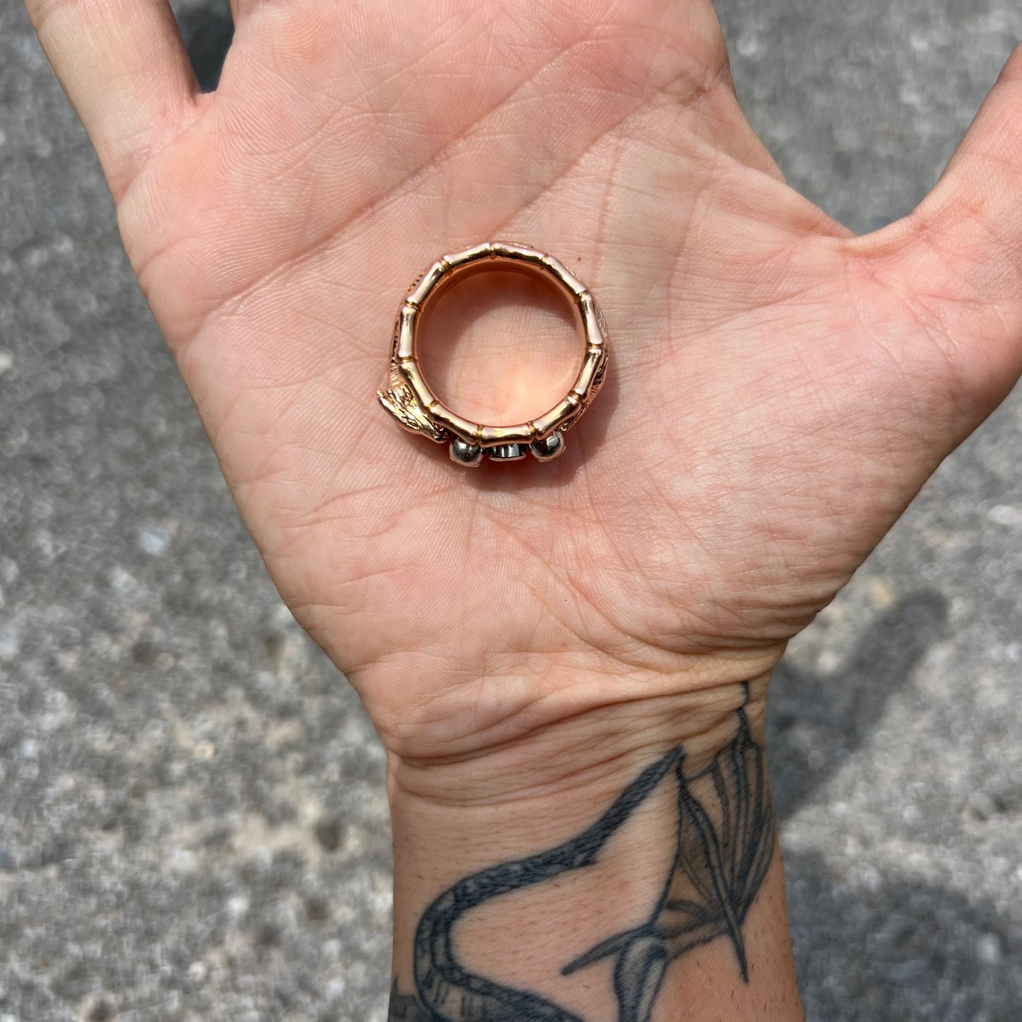 CUSTOM 1 OF 1 10K TWO-TONE (ROSE/WHITE GOLD) EMERALD SKULL AND DRAGON HEAVYWEIGHT COMFORT FIT RING