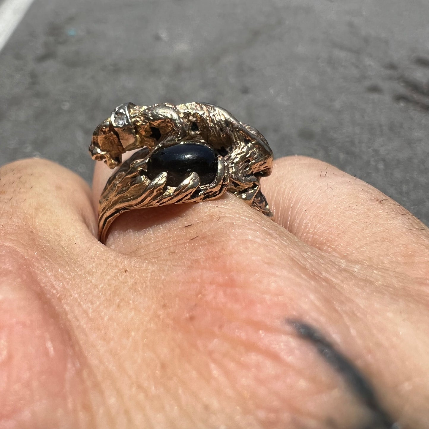Vintage Custom 14k Stalking Panther Black Star Sapphire/Natural Diamond Ring