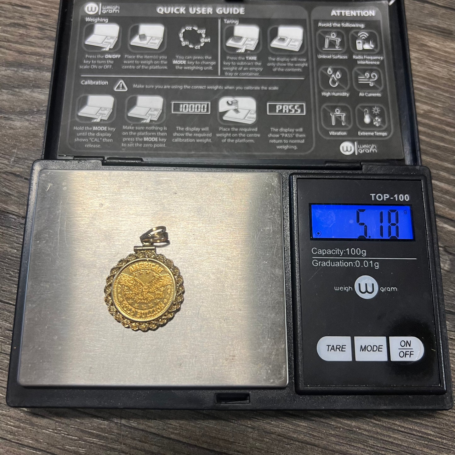 1/10oz Pure .999 (24k) American Gold Bullion Pendant