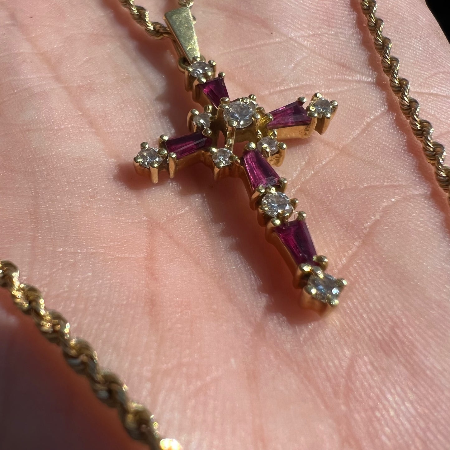 Vintage 18k Natural Diamond And Ruby Encrusted Cross Pendant
