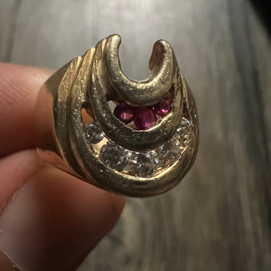 Vintage 14k Natural Diamond And Ruby Triple Horseshoe Ring