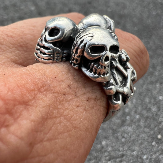 Heavyweight Sterling/.925 See,Speak,Hear No Evil Skull Ring (10.5)
