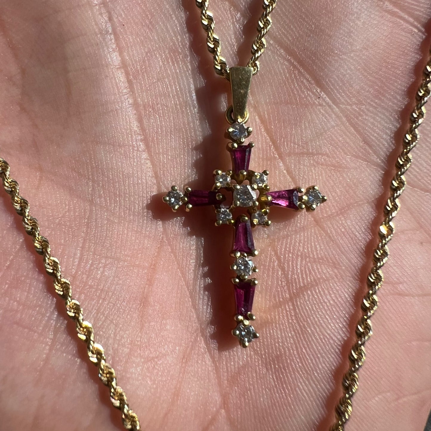 Vintage 18k Natural Diamond And Ruby Encrusted Cross Pendant