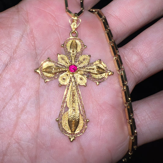 Antique 18k/Ruby Cannatille Cross Pendant