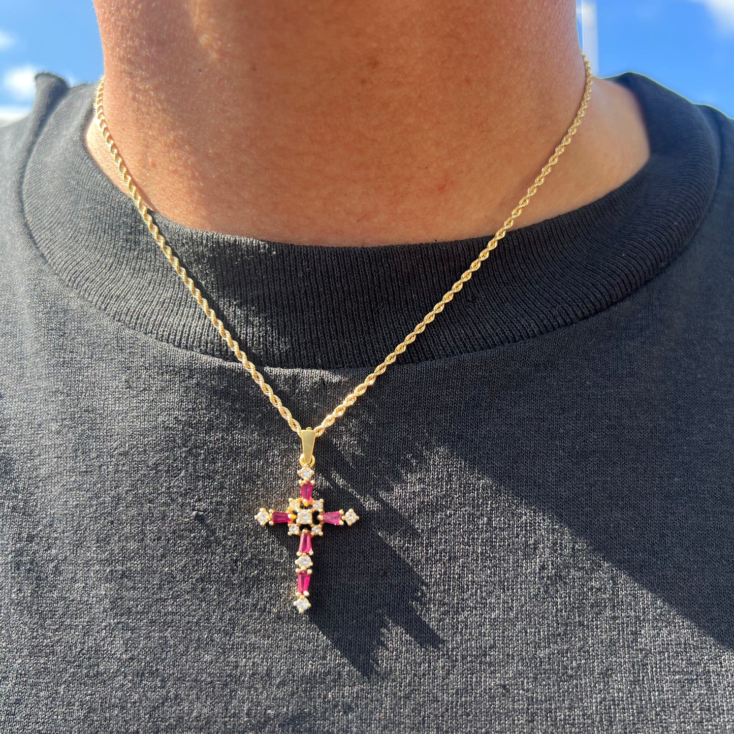 Vintage 18k Natural Diamond And Ruby Encrusted Cross Pendant