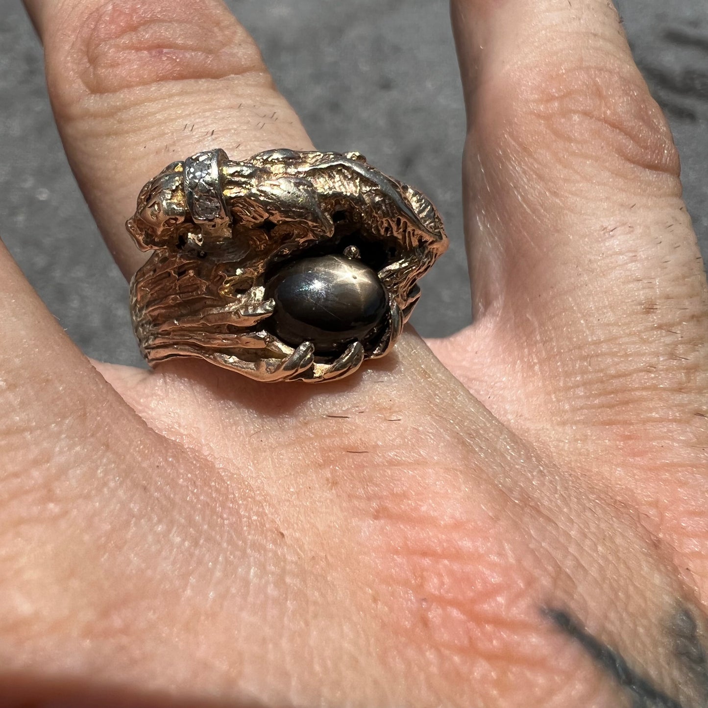 Vintage Custom 14k Stalking Panther Black Star Sapphire/Natural Diamond Ring