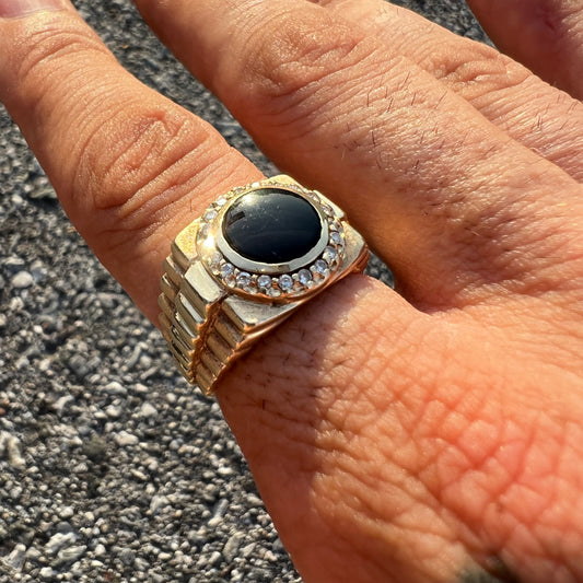 1980’s 14k Black Onyx Natural Diamond Halo Rolex Style Ring (9)