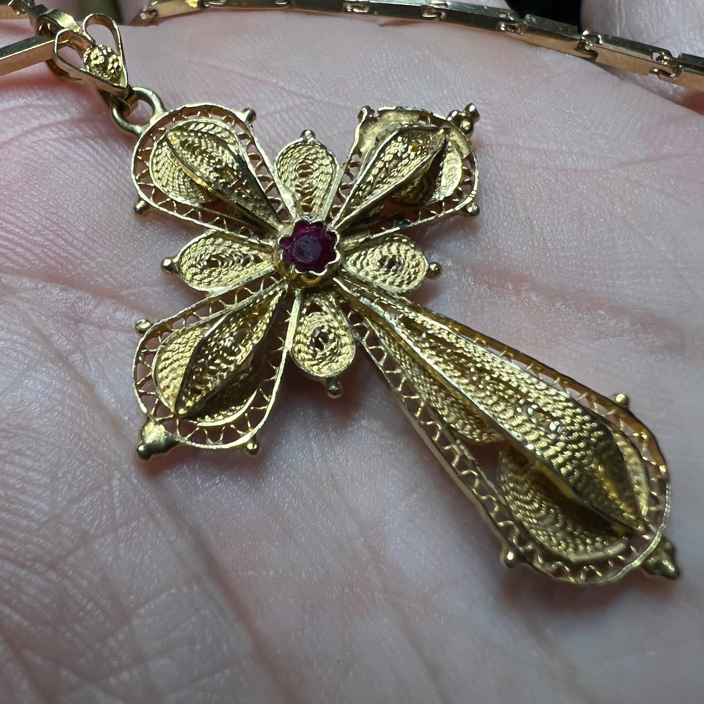 Antique 18k/Ruby Cannatille Cross Pendant