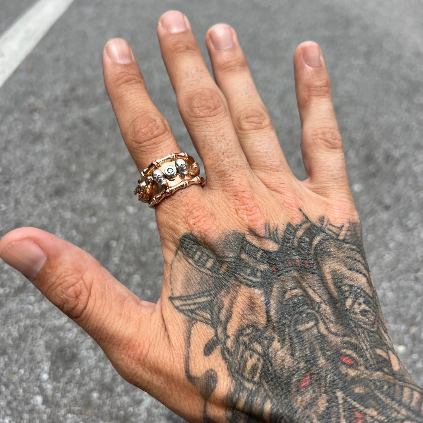 CUSTOM 1 OF 1 10K TWO-TONE (ROSE/WHITE GOLD) EMERALD SKULL AND DRAGON HEAVYWEIGHT COMFORT FIT RING