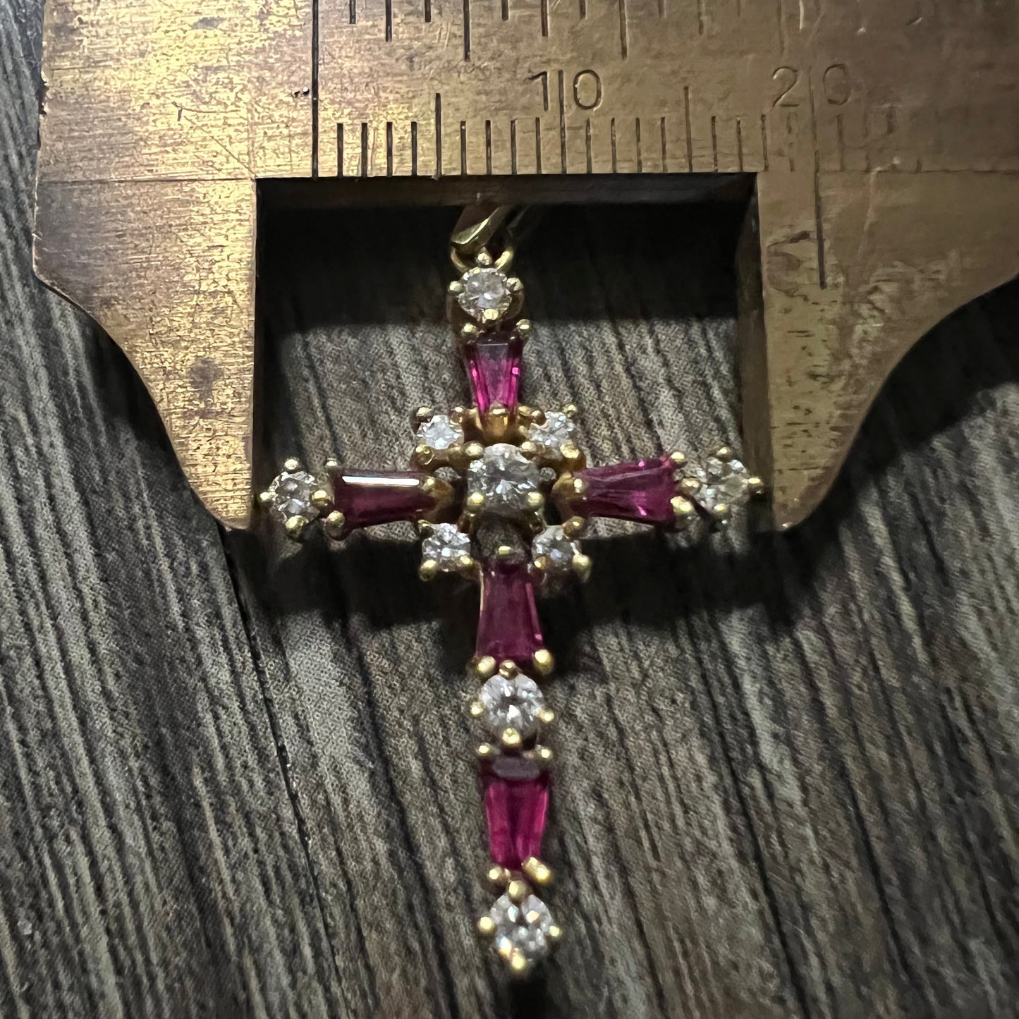 Vintage 18k Natural Diamond And Ruby Encrusted Cross Pendant