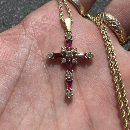 Vintage 18k Natural Diamond And Ruby Encrusted Cross Pendant