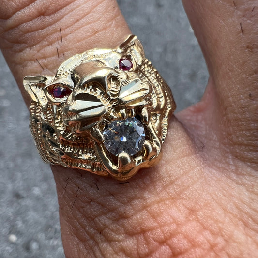 Vintage 10k Diamondcut Snarling Tiger Ring