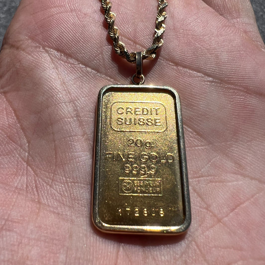 Vintage Pure .999 24k Gold Credit Suisse 20g Bar Pendant