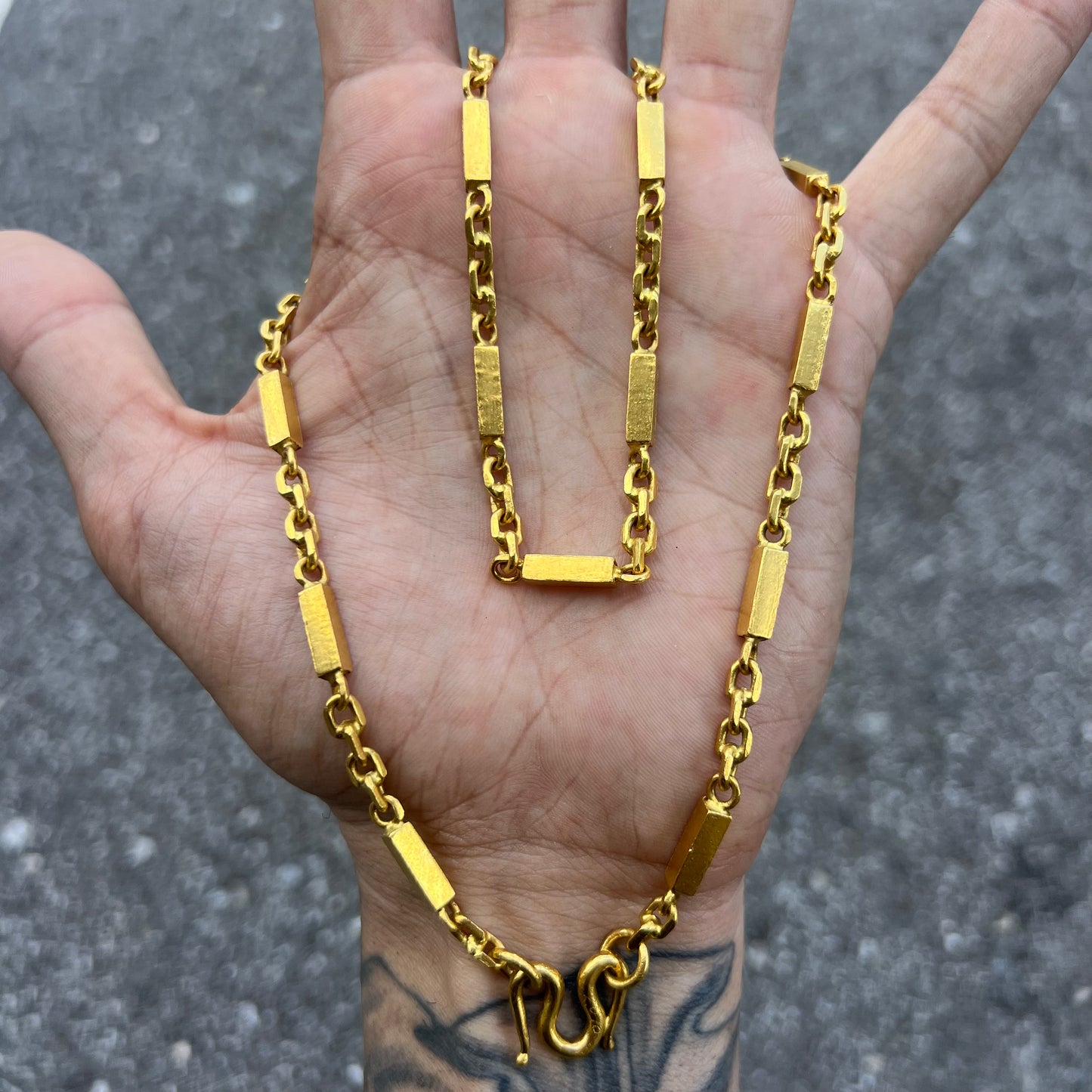 Solid 24k Heavyweight Bar To Anchor Linked Baht Chain Necklace (21”)