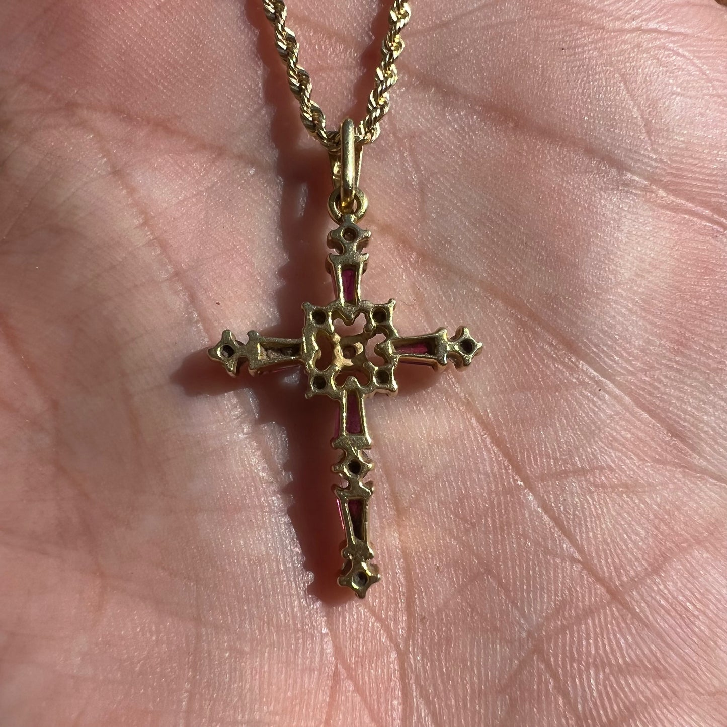 Vintage 18k Natural Diamond And Ruby Encrusted Cross Pendant
