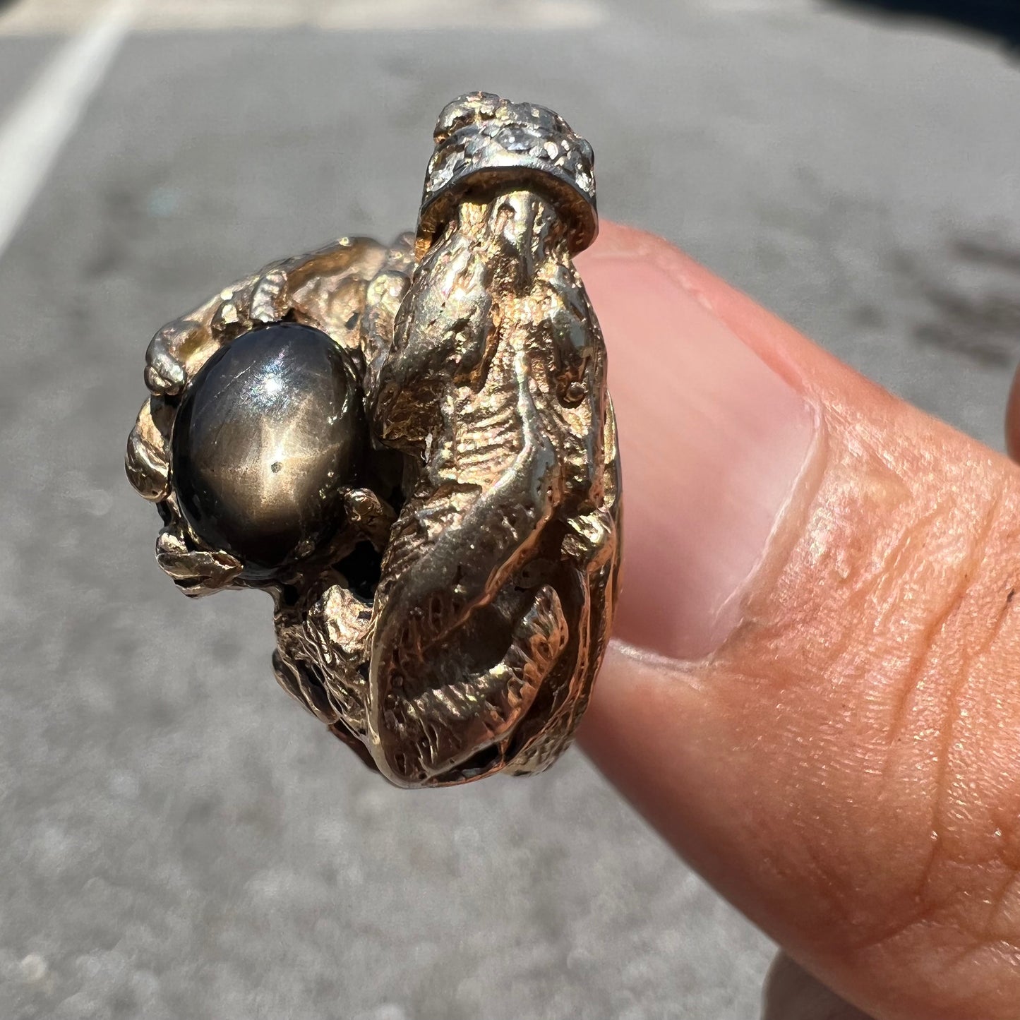 Vintage Custom 14k Stalking Panther Black Star Sapphire/Natural Diamond Ring