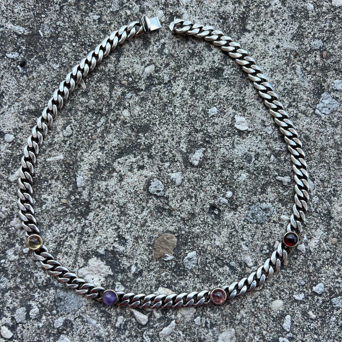 1960’s Handmade Sterling Silver/14k Yellow Gold Cabochon Stone Cuban Link Necklace