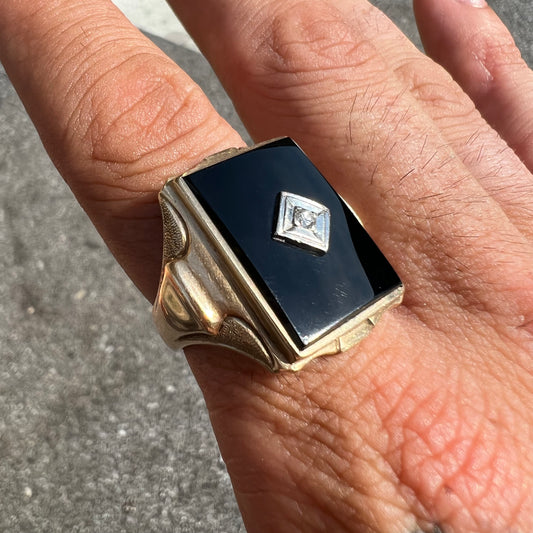 Mid-Century Large 10k Black Onyx/Diamond Masculine Statement Ring