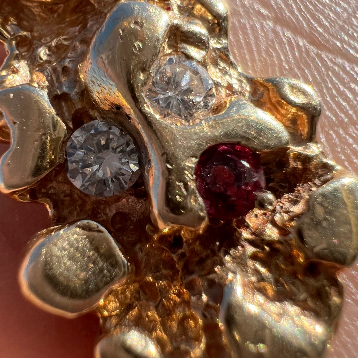 1980’s Solid 14k Diamond/Ruby Nugget Pendant