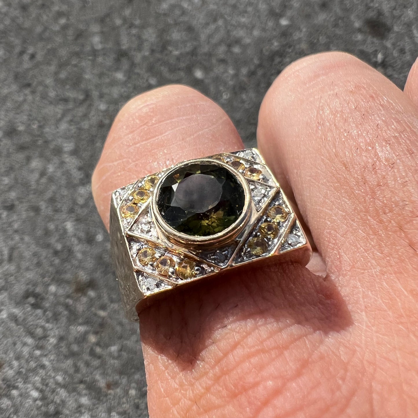 Vintage 14k Greenish Brown Sapphire Natural Diamond Yellow Garnet Ring