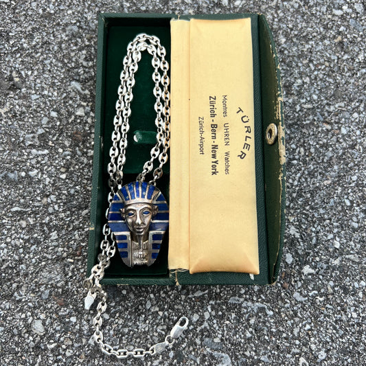 1920’s Egyptian Revival Solid Sterling/.980 And Lapis Inlaid Pharaoh Pendant With Solid Sterling/.925 Puffed Gucci Chain