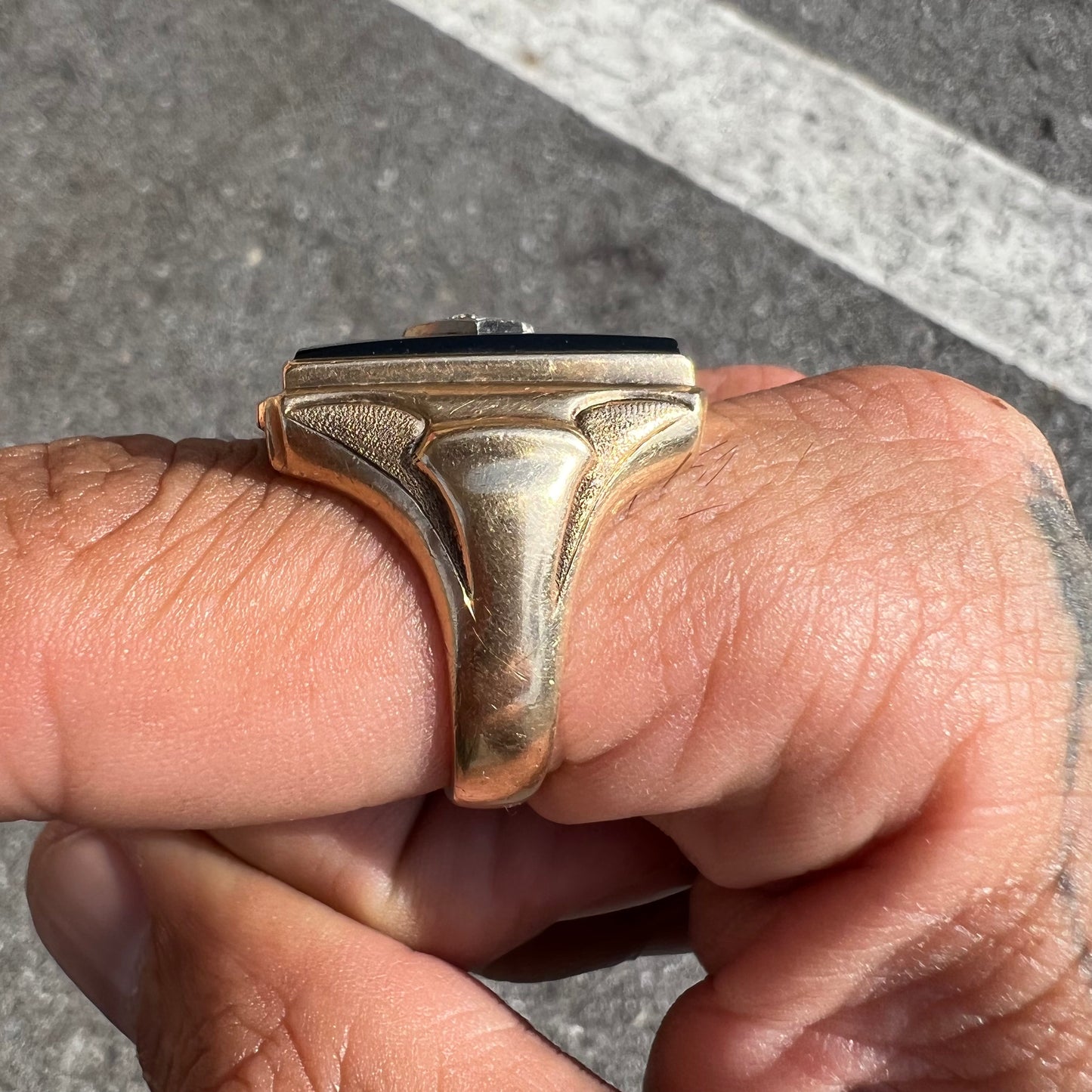 Mid-Century Large 10k Black Onyx/Diamond Masculine Statement Ring