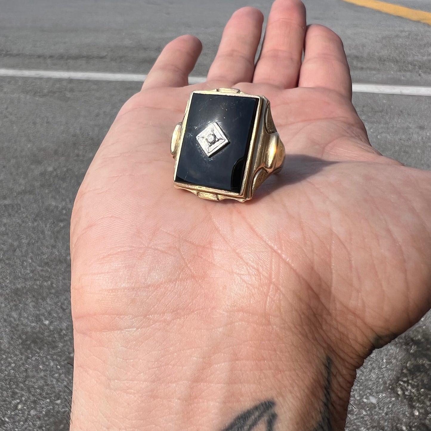 Mid-Century Large 10k Black Onyx/Diamond Masculine Statement Ring