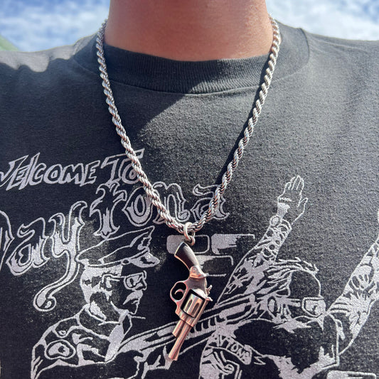 Custom Sterling/.925 Ebony Wood Inlaid Revolver Pendant And Necklace
