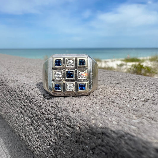 Vintage 14k White Gold .50CTW Natural Diamond And Blue Sapphire Block Ring