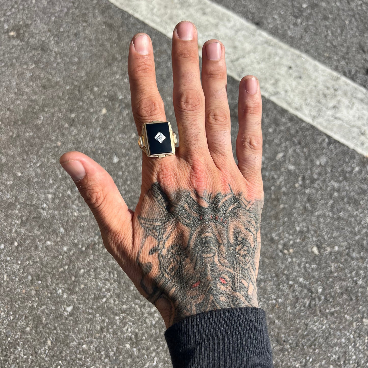 Mid-Century Large 10k Black Onyx/Diamond Masculine Statement Ring