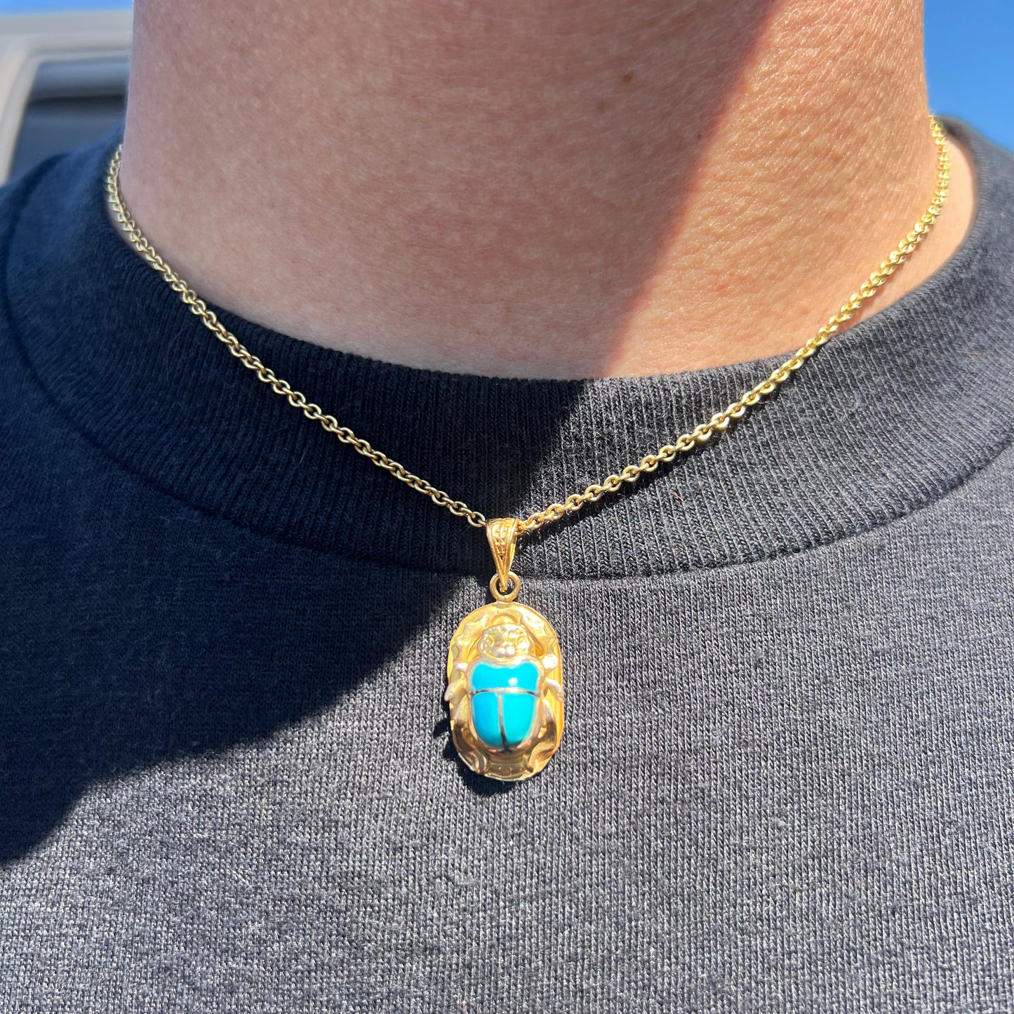 Vintage 18k Turquoise Egyptian Hallmarked Scarab Beetle Pendant
