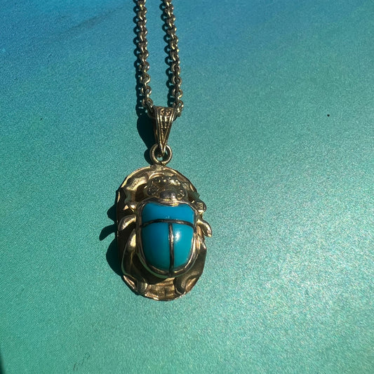 Vintage 18k Turquoise Egyptian Hallmarked Scarab Beetle Pendant