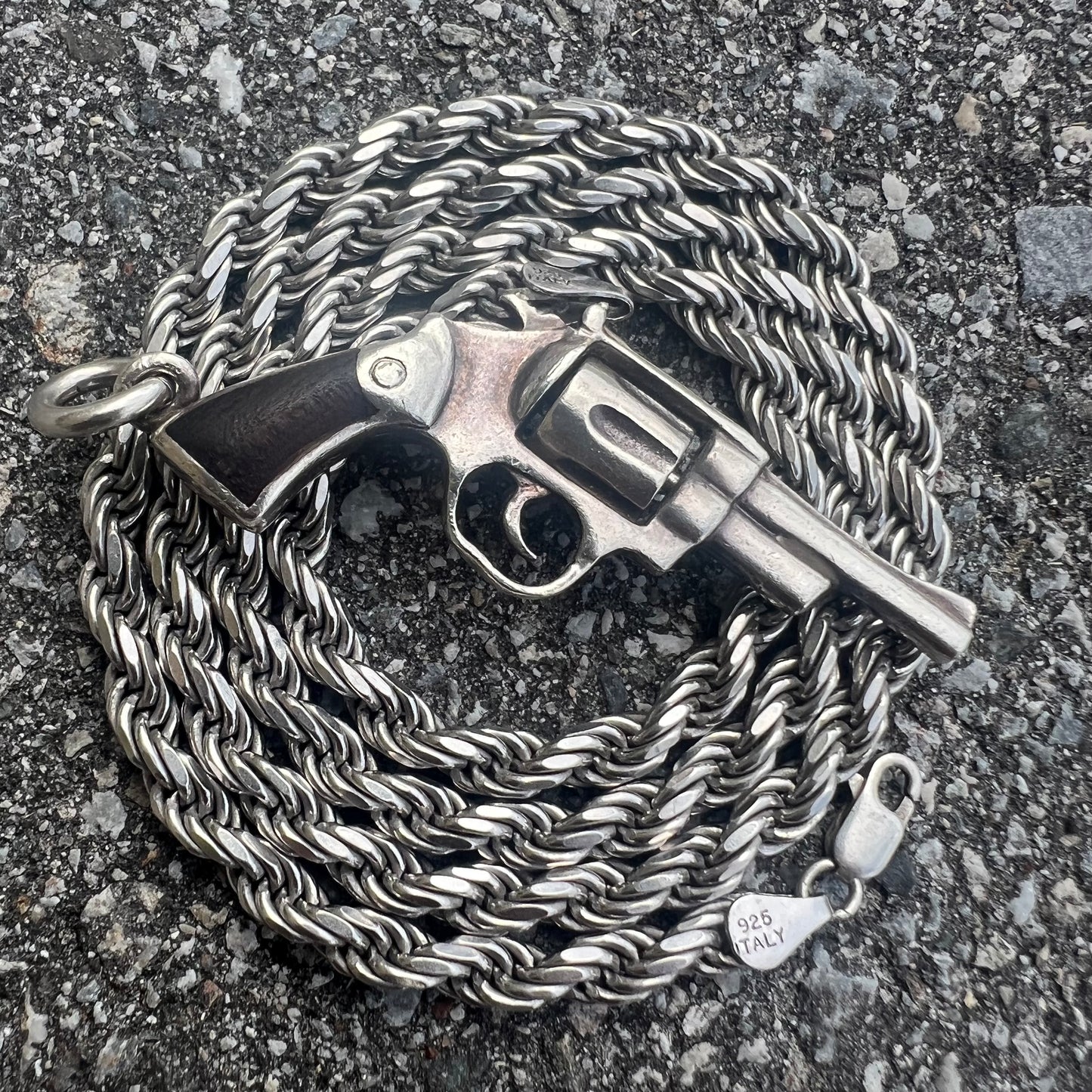 Custom Sterling/.925 Ebony Wood Inlaid Revolver Pendant And Necklace
